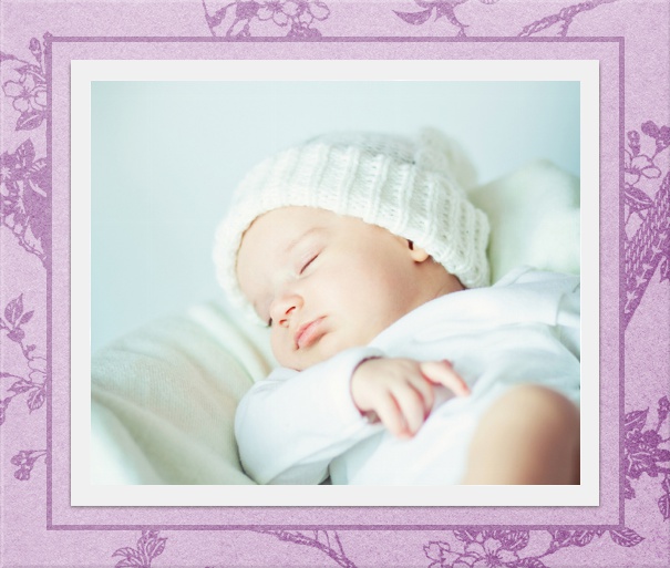 Square Customizable photo card invitation with purple floral Border.