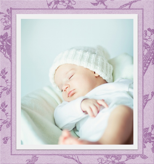 High format Customizable photo card invitation with purple floral Border.