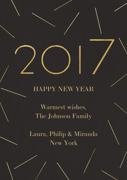 Black New Year's greeting online card with golden 2015 and editable text.