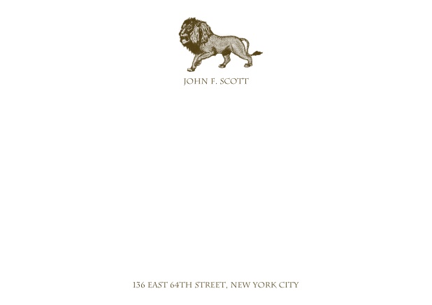 White online correspondence card card with lion and text. Brown.
