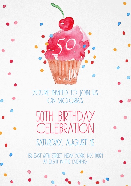 Invitation with cup cake and confetti for 50th birthday.