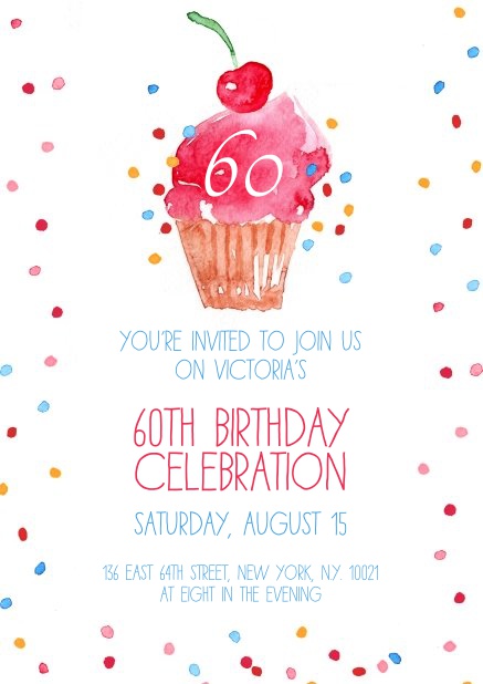 Online invitation with cup cake and confetti for 60th birthday.