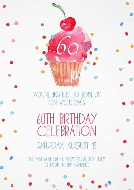 Invitation with cup cake and confetti for 60th birthday.