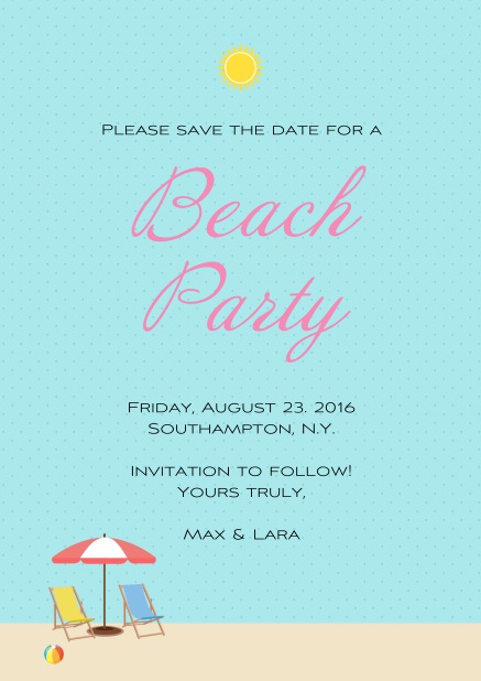 Online Save the date card for beach party with two beach chairs and a beach ball.