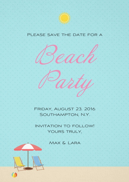 Save the date card for beach party with two beach chairs and a beach ball.