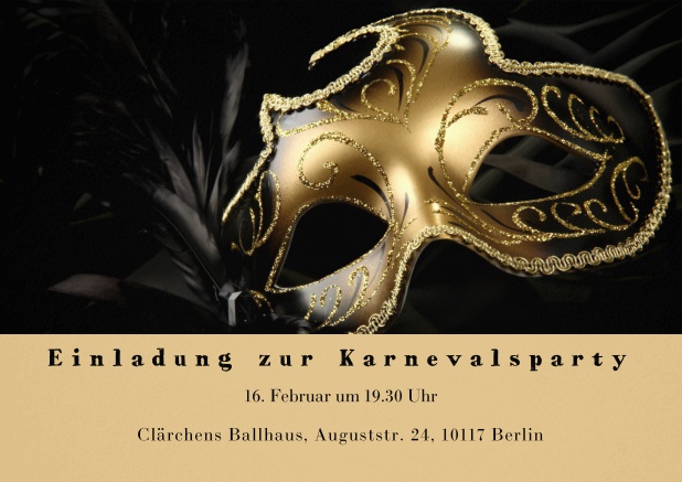 Faschingseinladungskarte mit goldener Maske und Textfeld Gold.