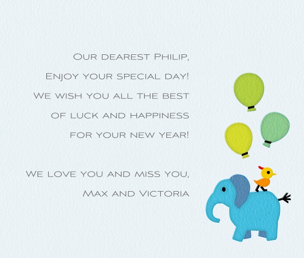 White Children's Card with Elephant and Balloons.