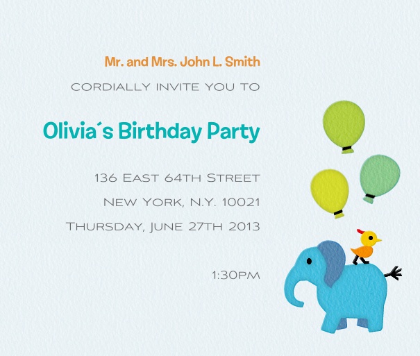 Kindergeburtstag Einladungskarte mit blauen Elefanten und bunten ballons.