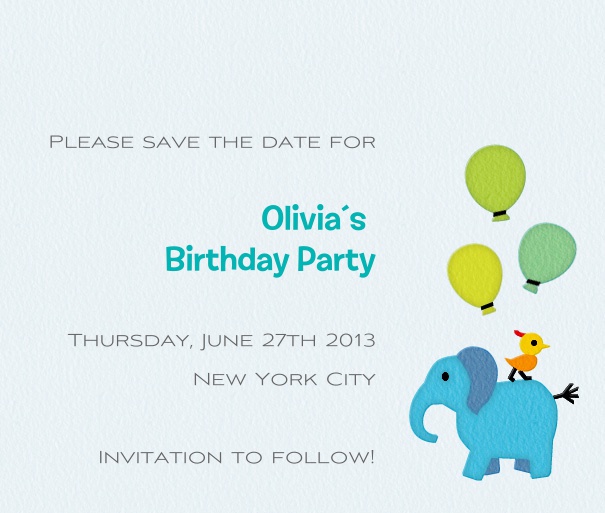 White Kids' Birthday Party Save the Date design with balloons and Elephant