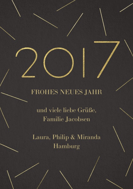 Schwarze Karte für Neujahrsgrüße mit goldenen 2015 und anpassbarem Text.