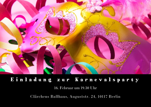 Online Faschingseinladungskarte mit bunter Maske und Karnevalsdekoration Schwarz.