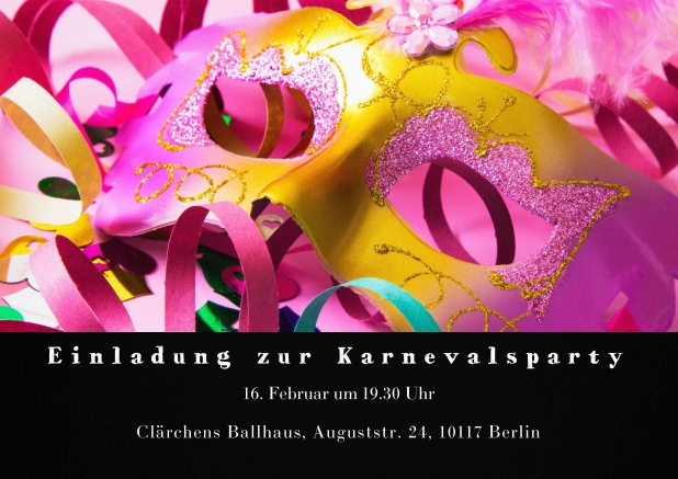 Faschingseinladungskarte mit bunter Maske und Karnevalsdekoration Schwarz.