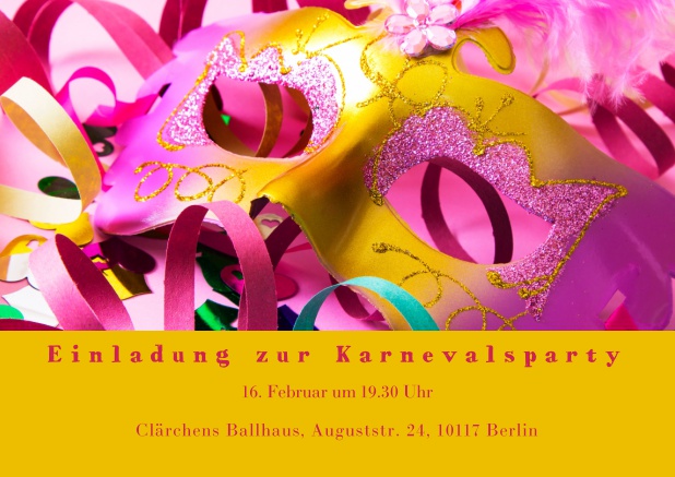 Online Faschingseinladungskarte mit bunter Maske und Karnevalsdekoration Gold.