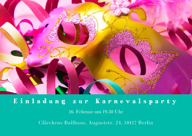 Online Faschingseinladungskarte mit bunter Maske und Karnevalsdekoration Grün.