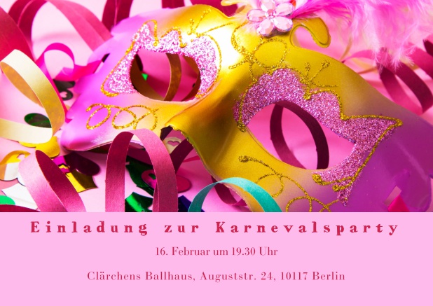 Online Faschingseinladungskarte mit bunter Maske und Karnevalsdekoration Rosa.