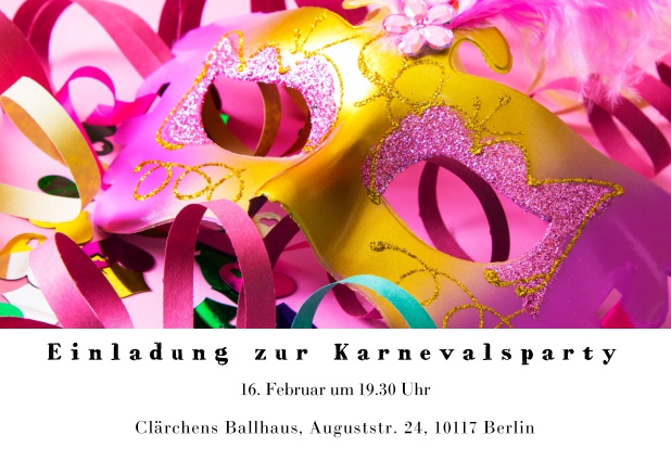 Online Faschingseinladungskarte mit bunter Maske und Karnevalsdekoration Weiss.