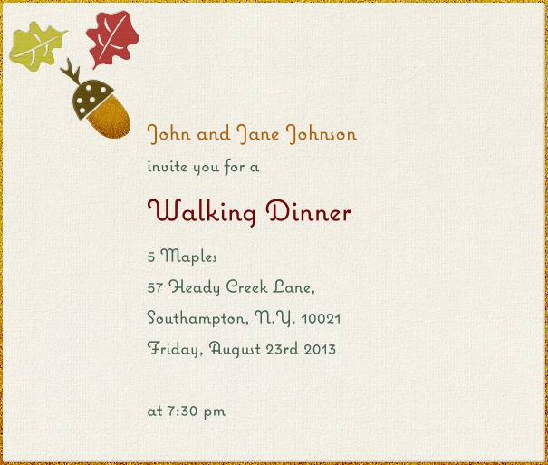 Beige Einladungskarte in Quadratformat mit goldenem Rand und bunten Blättern und Eichel links oben karte.