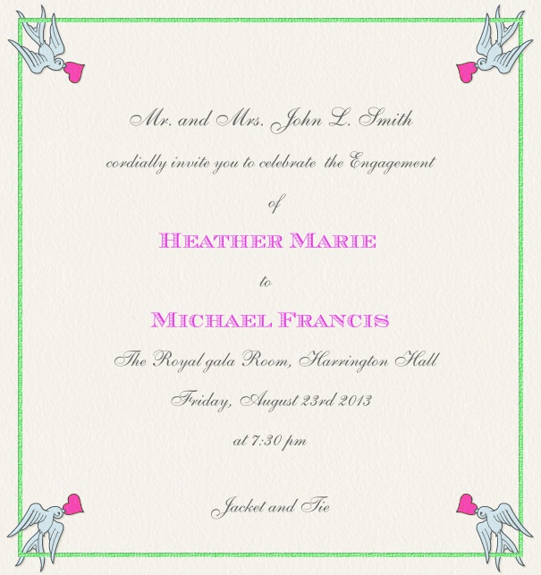 High Format Tan Engagement Announcement and Invitation card with Doves and Hearts.