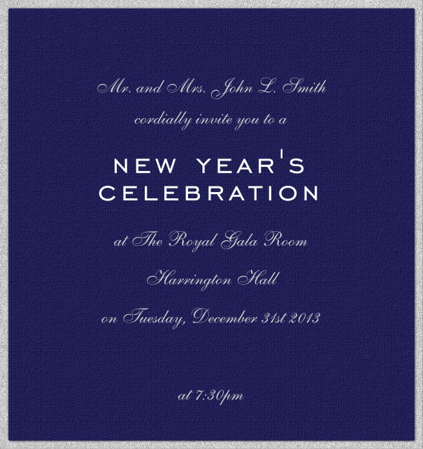 Dunkelblaue Feste Einladungskarte in Hochkantformat mit silbernen glänzedem Rand. Inklusive passender Text in weiss.