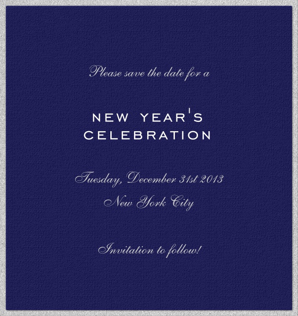 High format Dark Blue Celebration Save the Date Card with Silver Border.