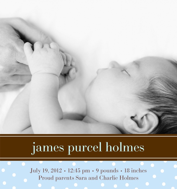 Online Birth Announcement Card with Photo Box and Brown and Blue Frame.
