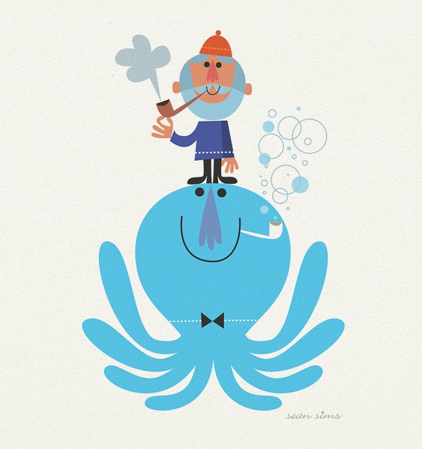 Kindereinladungskarte mit Mann auf einem blauen Octopus.