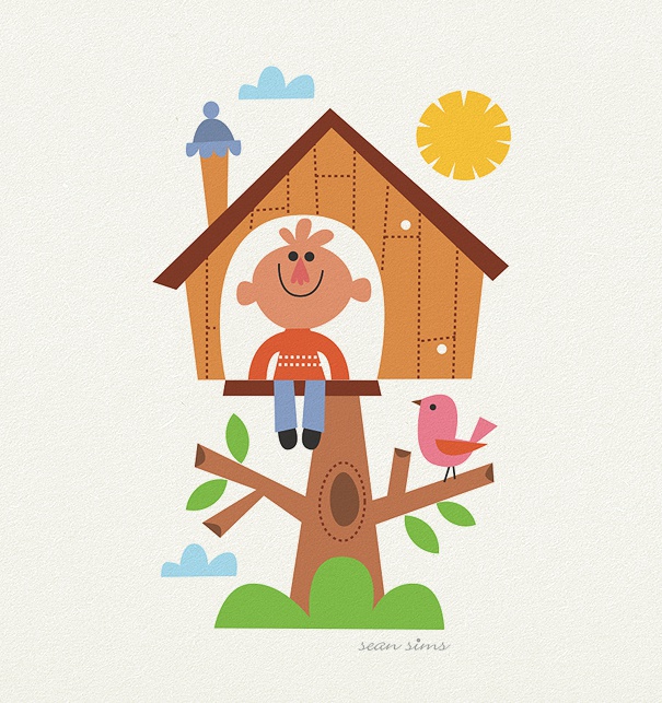 Weiße Online Kinderkarte mit buntem Baumhaus von Sean Sims