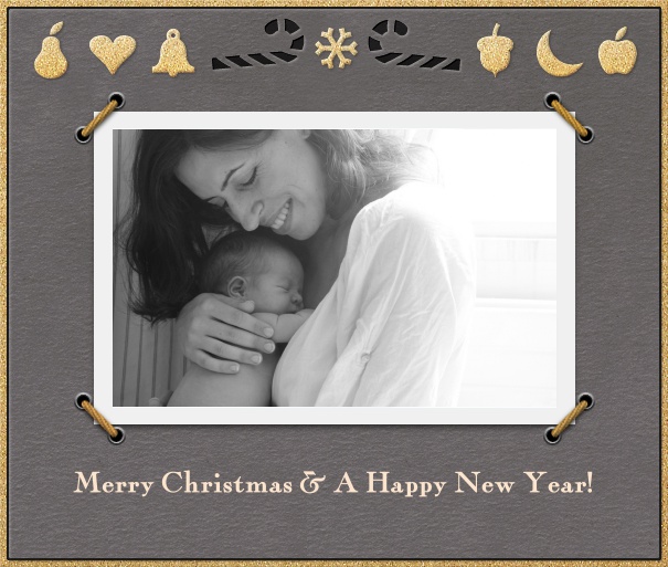 Online Weihnachtskarte mit Fotofeld und Weihnachtsschmuck.