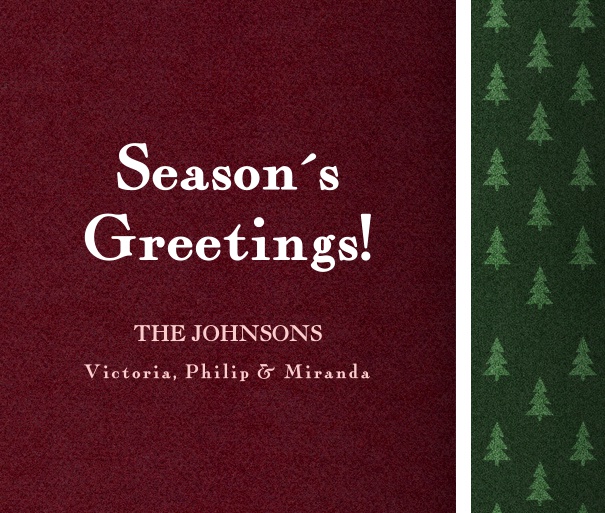 Weihnachtskarte in Weinrot und Grün mit Weihnachstbaummuster inlusive gestalteter Text zum Anpassen.