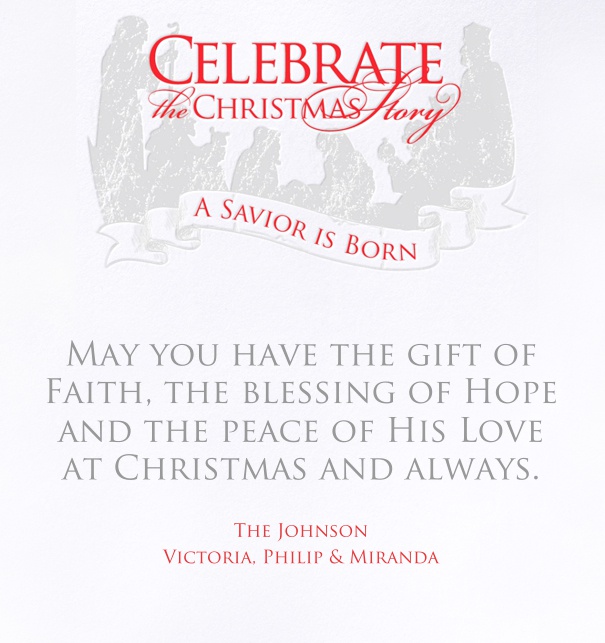 Online Weihnachtskarte mit Geburtskirche und christlichem Text im Rahmen oben und editierbarem Textfeld.
