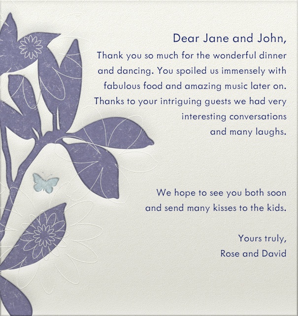 Online correspondence card with floral border and engraved design.