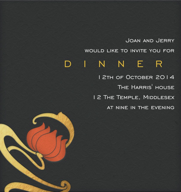 Black, modern Art Nouveau Dinner Invitation with flower.