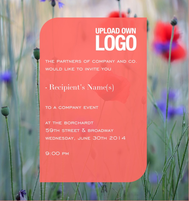 Online Firmeneinladungskarte mit Fotofeld und rotem Textfeld.