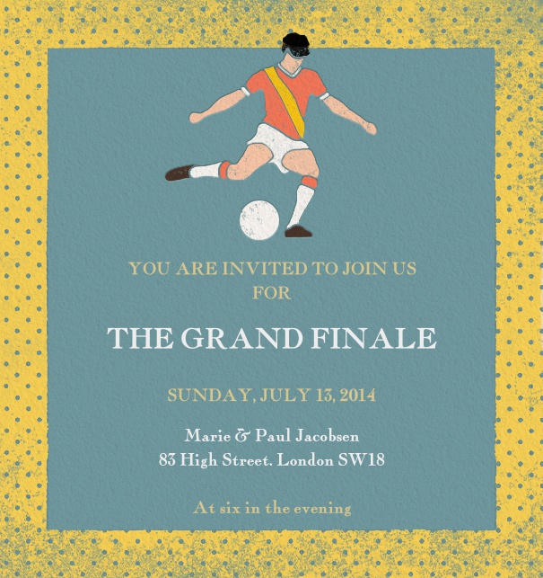 Online-Einladungskarte zu einer Veranstaltung zur Weltmeisterschaft in Hochformat mit Fußballspieler auf blauem Hintergrund mit gelbem Rahmen.