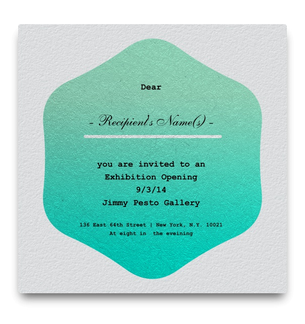 White & turquoise green simple minimal formal invitation with green hexagon text box and Name of Recipient.
