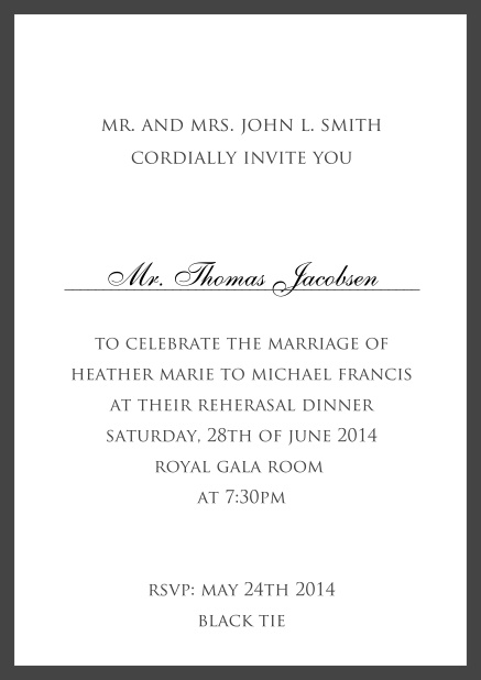 Invitation card with dark blue thin border including a dotted line for name of recipient. Black.