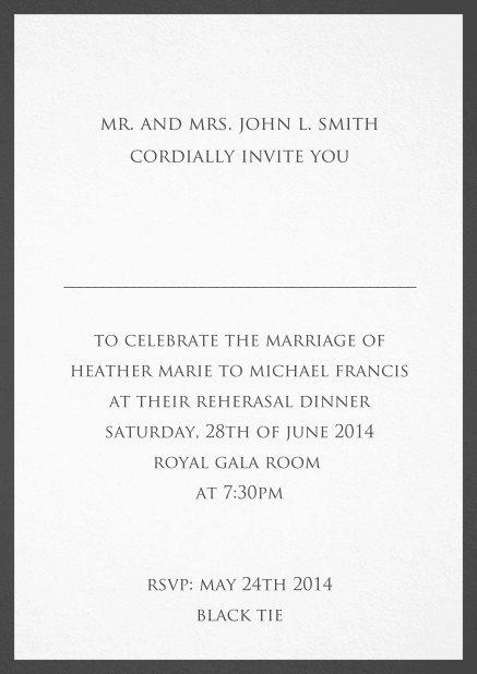 Invitation card with thin border including a dotted line for name of recipient. Black.