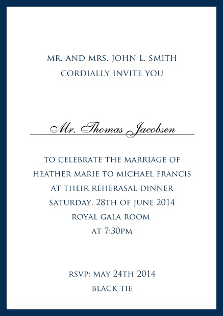 Invitation card with dark blue thin border including a dotted line for name of recipient. Navy.