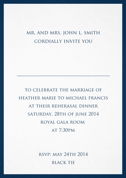 Invitation card with thin border including a dotted line for name of recipient. Navy.