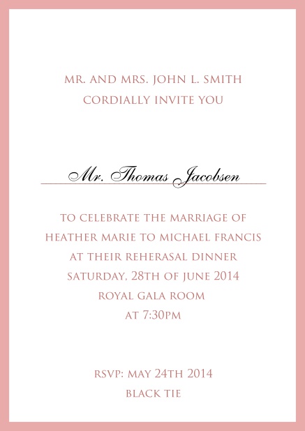 Invitation card with dark blue thin border including a dotted line for name of recipient. Pink.