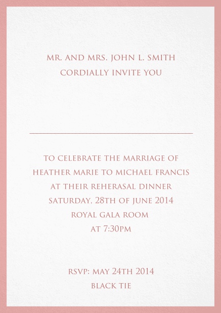 Invitation card with thin border including a dotted line for name of recipient. Pink.