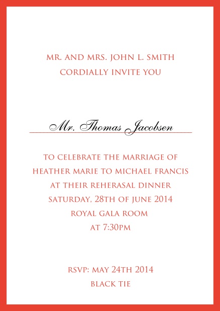 Invitation card with dark blue thin border including a dotted line for name of recipient.