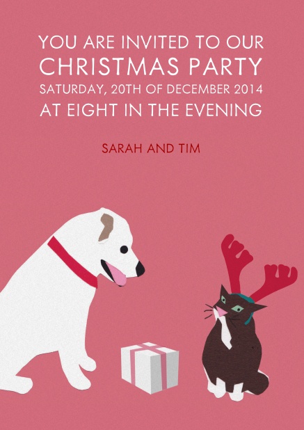 Pink Christmas card with dog and cat giving each other presents.