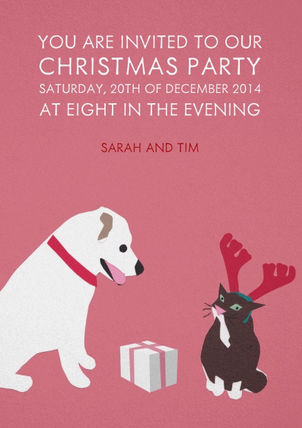 Pink Christmas card with dog and cat giving each other presents.