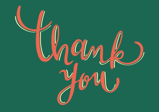 Green thank you card with designed orange text