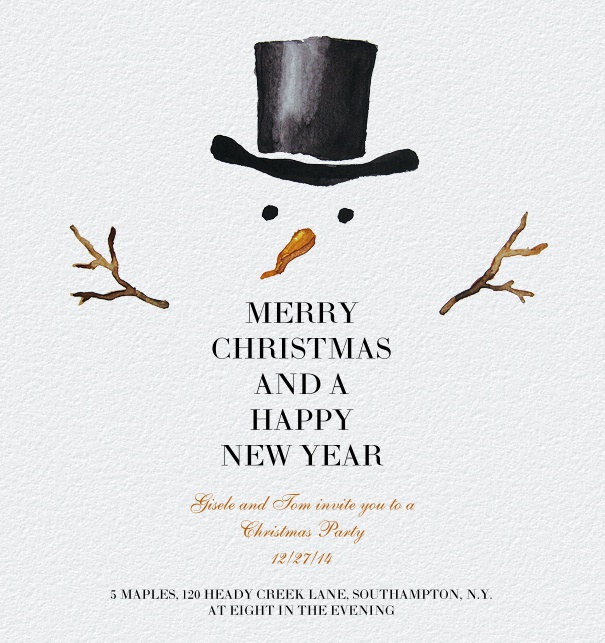 White Christmas card with snow man with top hat and carrot nose for online invitations .