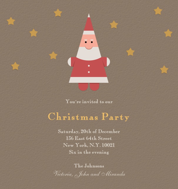 brown Christmas card for online invitations with modern style Santa and golden stars