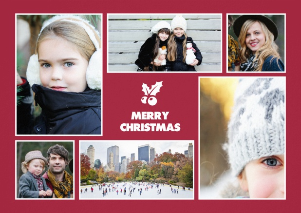 Christmas card with six photo fields around a red design element.