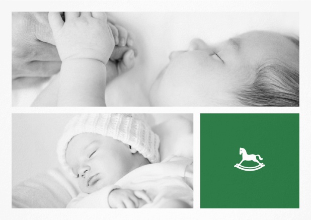Rocking Baby Corner - Green - Birth Announcements Birth announcement with photo boxes, rocking horse and 2nd page for customizable text. Green.