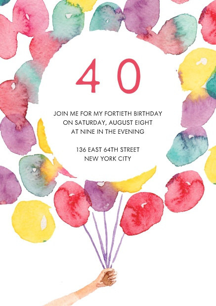 Online 40. Geburtstageinladungskarte mit bunten Ballons.